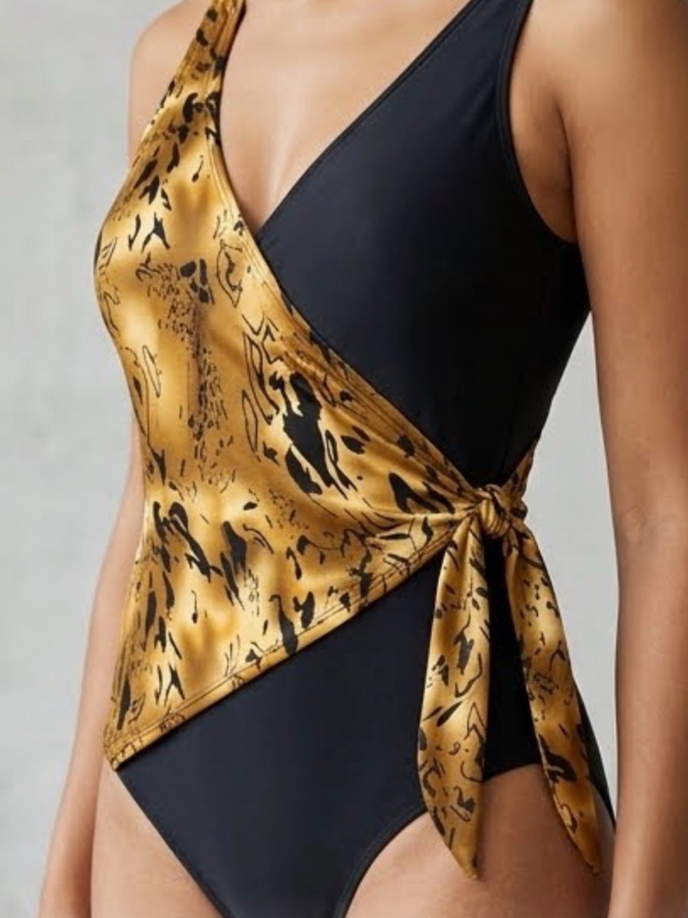 Shore Shapes One Piece Side Tie Swimsuit Size 14 Black/Brown Animal Print V Neck